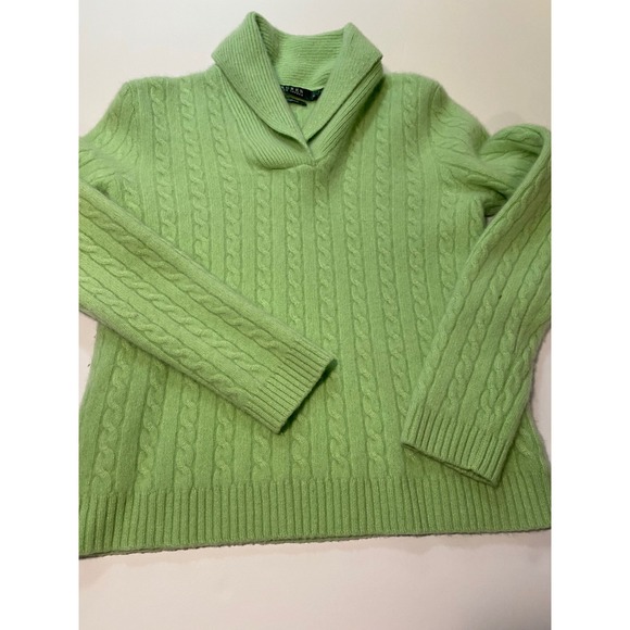 Lauren Ralph Lauren 100% Cashmere Cable Knit Shawl Collar Sweater Lime Green XL - Picture 4 of 7